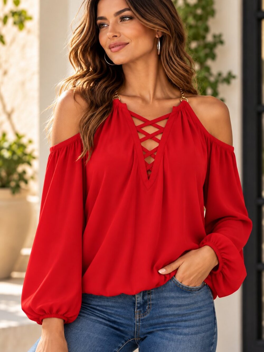 BOLD Elements Women 1X Red Cold Shoulder Criss Cross Blouse